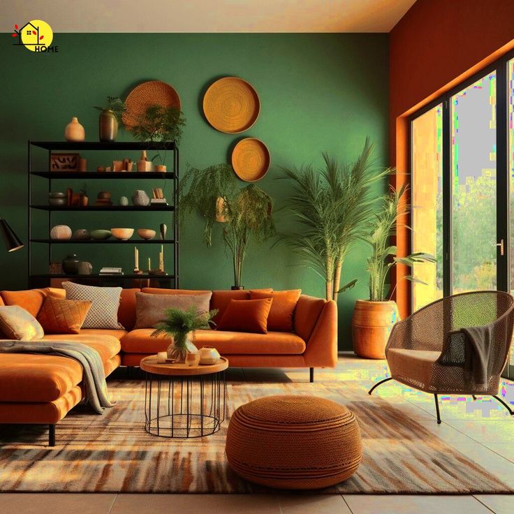 a living room with green walls and orange furniture