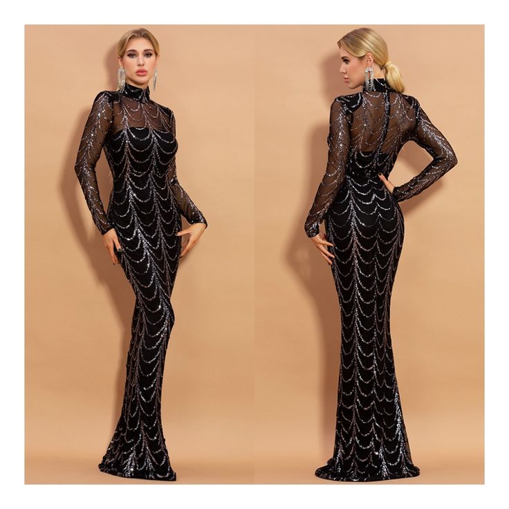 This Glamorous Gown Is Crafted From Luxurious Polyester, With Sparkling Sequin That Will Make You Shine. Every Woman Needs A Sexy Black Go To Dress. Perfect For Engagement Parties, Date Night, Weddings, Birthdays, Dinner Parties 100% Polyester Stretch Black Sequin Zipper Closure High Neck Wave Sequin Pattern Long Maxi Evening Gown Bodycon Black Sequined Gown For Evening, Black Sequined Gown For Evening Events, Evening Gown With Sequins, Full Length, Glamorous Full-length Black Gown, Glamorous Black Long Sleeve Gown, Full-length Sequined Evening Dress, Full Length Sequined Evening Dress, Sequined Full-length Evening Dress, Black Long Sleeve Gown With Sequins