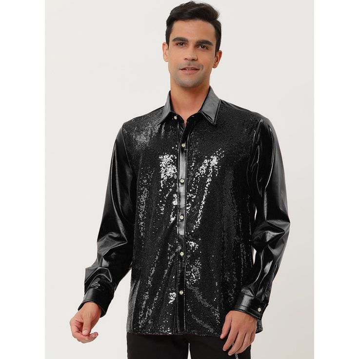 With long sleeves and a sparkling sequin design, this shirt makes you eye-catching in the crowd. The classic button-down party shirt with slim tailoring perfectly shows your charm. This sequined shirt is matched with a bow tie, trousers, shirt, blazer, and tuxedo to create a bright and handsome appearance. Suitable for multiple occasions, nightclubs, performance costumes, birthday parties, hip-hop, music festivals, Christmas, role-playing, etc. Satin Shirts, Outfits Petite, Sequin Shirt, Sequin Design, Black Sequin Dress, Disco Party, Indie Outfits, Music Festivals, Men's Shirts