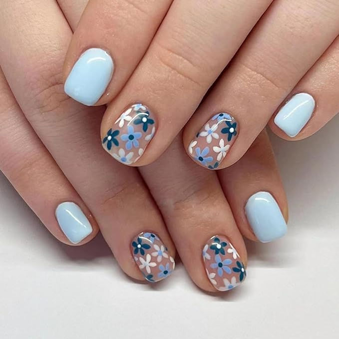 24Pcs Spring Light Blue Press on Nails Short Square - WLGDLH Fake Nails Flower False Nails Press ons with Elegant Blue Flowers Design Nail Tips Full Cover Acrylic Nails Art Kit for Women Manicure Blue Flowered Nails, Light Blue Nails With Flowers, Ongles Baby Blue, Square Press On Nails, Nails Flower, Light Blue Nails, Baby Blue Nails, Spring Light, Nails Press