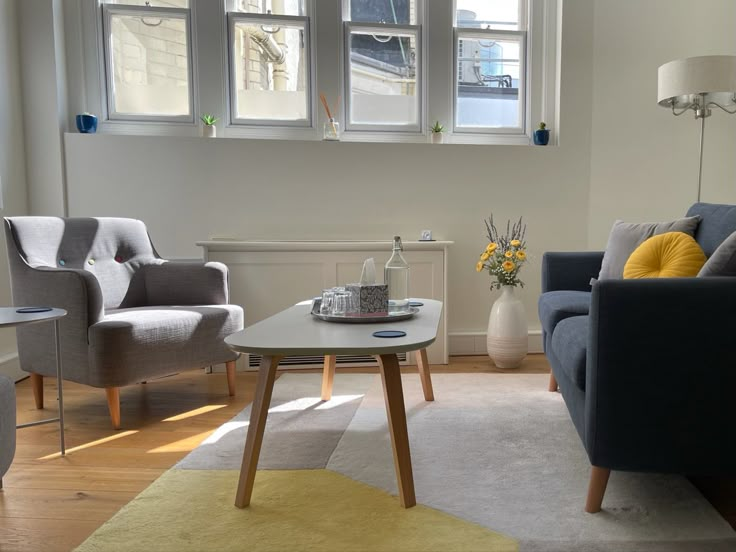 a living room with two couches and a coffee table in front of the window