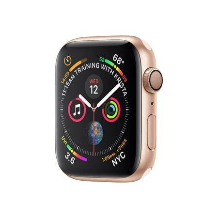 the apple watch series 4 is shown with gold case and pink sport band, which features colorful