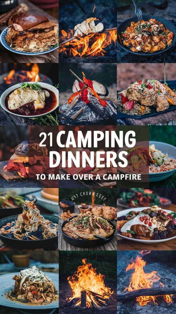 the cover of 21 camping dinners to make over a campfire, with pictures of food on