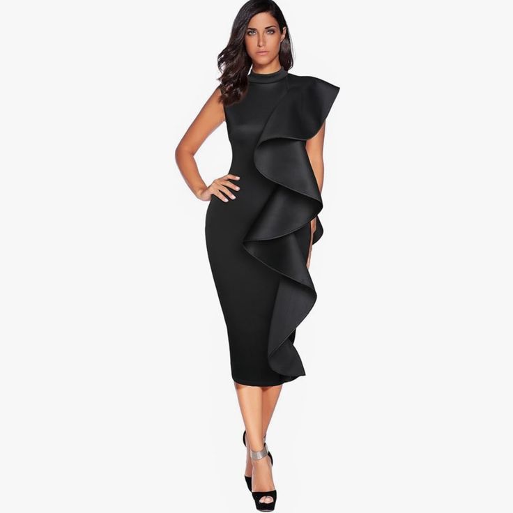 This Stylish And Modern One Shoulder Dress Is The Perfect Look For A Night On The Town. Made Of Quality Material, The Dress Is Designed To Provide Comfort And Sleekness. With Its Beautiful Neckline, It Offers The Perfect Combination Of Elegance And Edge. Show Off Your Curves While Highlighting Your Unique Style. Perfect For A Special Occasion Or Just To Make A Statement, This Sexy One Shoulder Dress Will Have Heads Turning With Its Luxurious Look. Get Ready To Stand Out From The Crowd! Simple Bu Sleeveless Ruffled Bodycon Dress For Club, Elegant Ruffled Bodycon Dress For Club, Elegant Bodycon Dress With Ruffles For Club, Elegant Bodycon Dress With Ruffles, Ruffled Bodycon Dress For Cocktail Events, Ruffled Bodycon Cocktail Dress, Flirty Midi-length Bodycon Dress With Ruffles, Elegant Club Bodycon Dress With Ruffles, Flirty Ruffled Midi Bodycon Dress