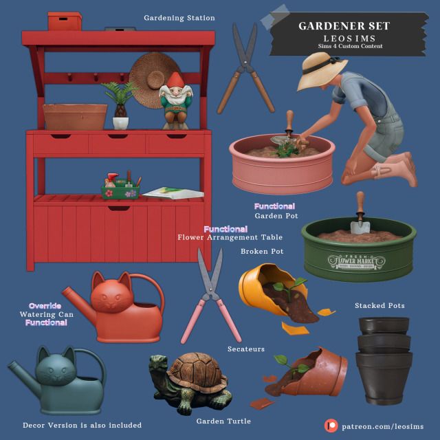 the garden set includes various items including pots, watering tools and other things to collect