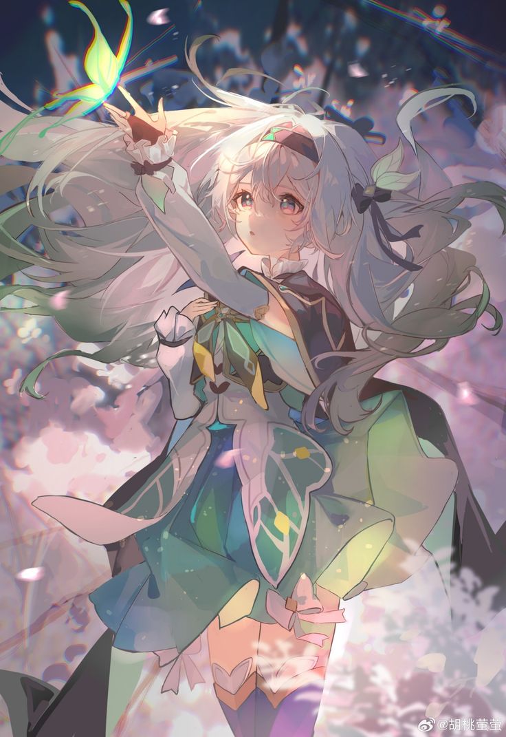 an anime character with long white hair and blue eyes, standing in front of clouds