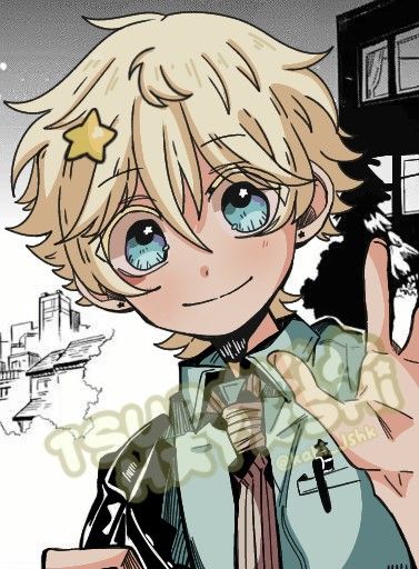 an anime boy with blonde hair and blue eyes is holding up his hand to the camera