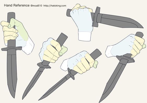 four different types of knifes with their hands holding them up to show the blades