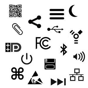 the various symbols are shown in black and white, with one arrow pointing up to the left