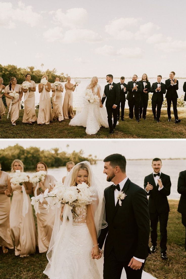 the bride and grooms are posing for pictures with their bridal party in the background