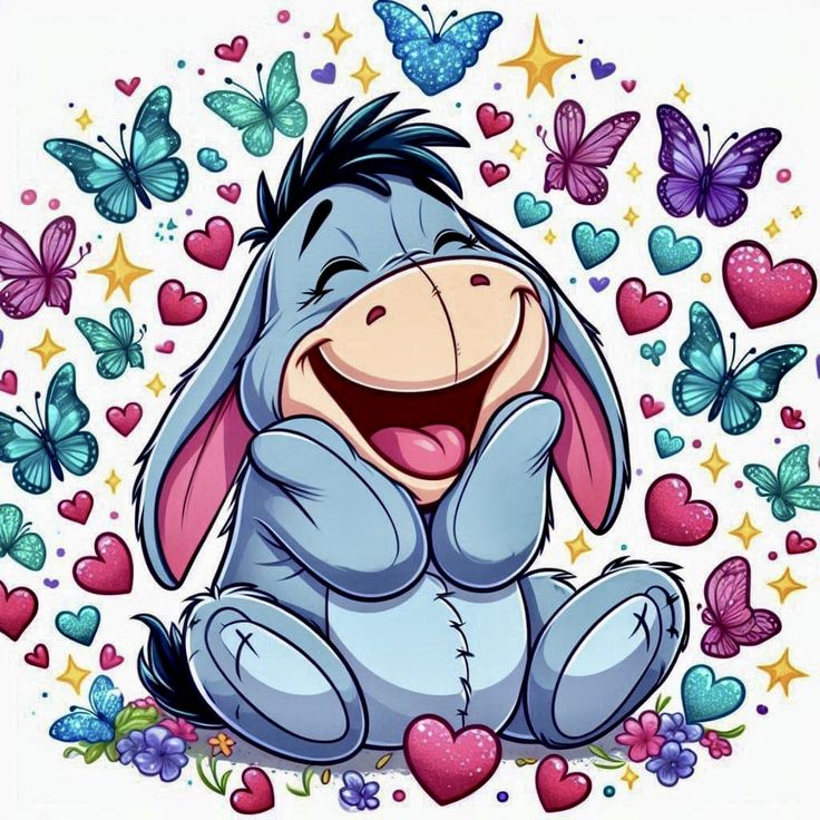 a cartoon character sitting on the ground surrounded by hearts and butterflies