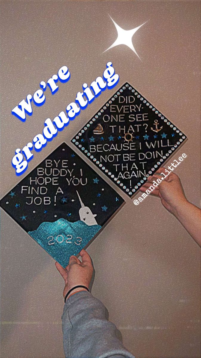 someone holding up a graduation cap with congratulations written on it and the words, we're graduating