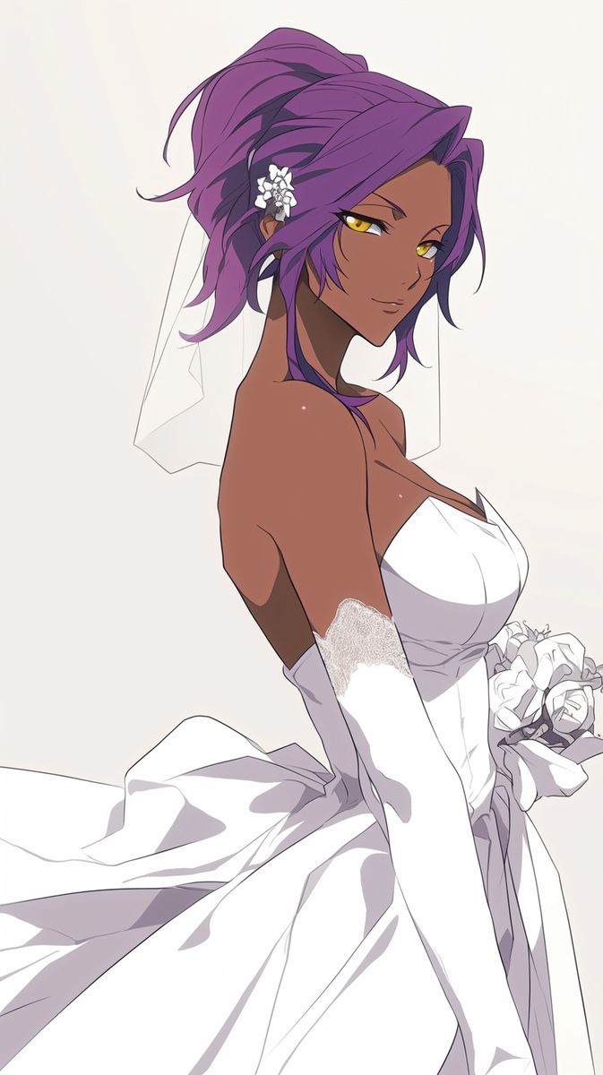 a woman with purple hair wearing a wedding dress