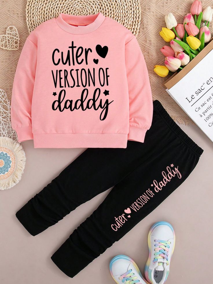 Young Girl Letter Printed Crew Neck Sweater And Leggings 2-Piece Set, Spring Autumn Pink Casual  Long Sleeve Polyester,Knitted Fabric Cartoon,Geometric,Heart,Letter,Slogan  Medium Stretch Spring/Fall Young Girls Clothing, size features are:Bust: ,Length: ,Sleeve Length: Cute Long Sleeve Sets With Graphic Print, Cute Graphic Print Long Sleeve Sets, Cute Pink Sets With Letter Print, Cute Pink Letter Print Sets, Pink Letter Print Winter Set, Pink Letter Print Sets For Winter, Cute Long Sleeve Sets With Letter Print, Cute Winter Sets With Letter Print, Trendy Letter Print Sets For Winter