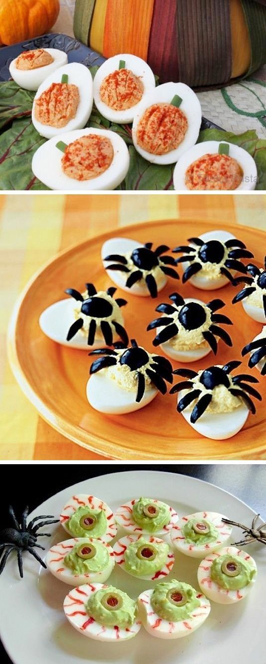 halloween treats and desserts are displayed in three different pictures, including devil's eggs with sprinkles on them