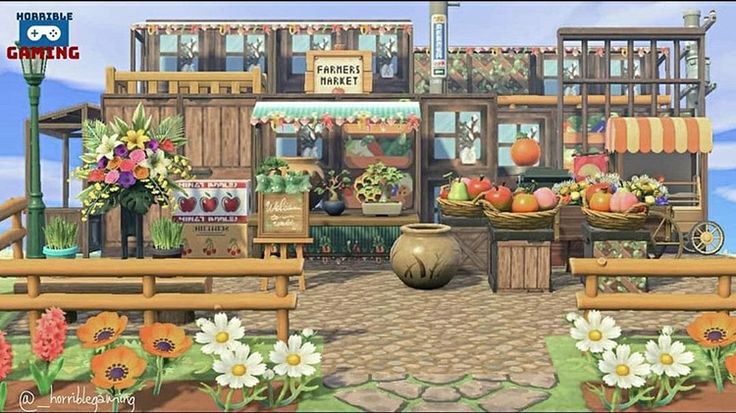 an animated image of a flower shop with flowers and fruit in the front, on a sunny day