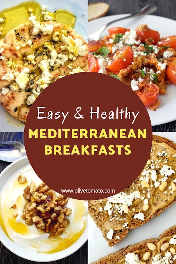 four different types of food on plates with the words easy and healthy mediterranean breakfasts