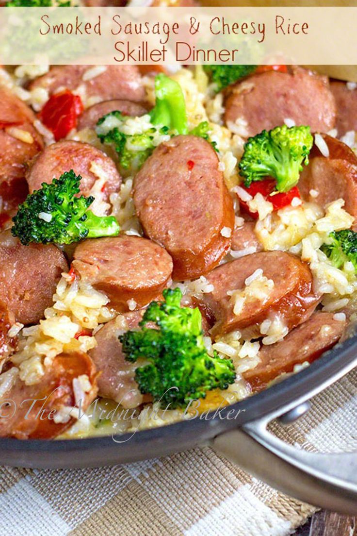 sausage and cheesy rice skillet dinner with broccoli on the side