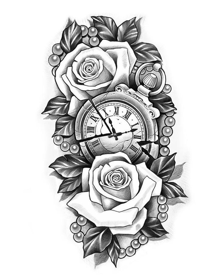 a clock and roses tattoo design on the back of a woman's arm,