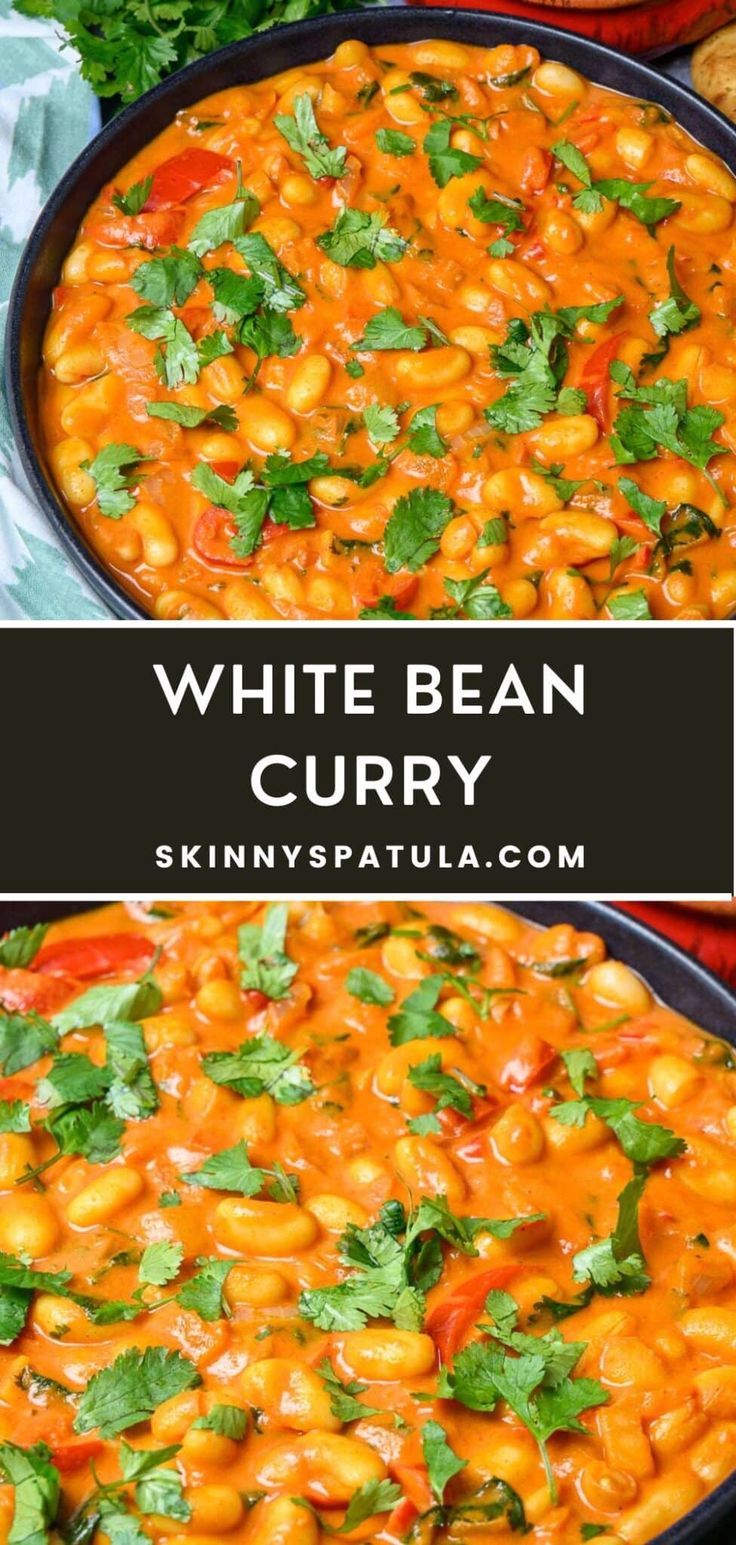 white bean curry with cilantro and parsley in a skillet on the side