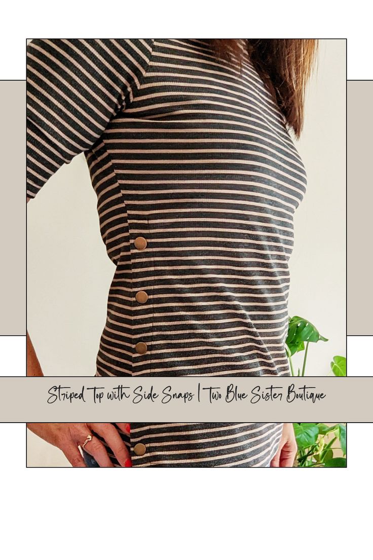 We are loving this retro casual cotton and spandex charcoal and beige striped top. There are plackets on each side, secured with high quality snaps. There are also snaps on the top left shoulder. It’s great for the summer to fall transition… Fall Transition, We Are Love, Summer To Fall, Style Tops, Autumn Summer, Half Sleeves, On The Top, Retro Style, Final Sale