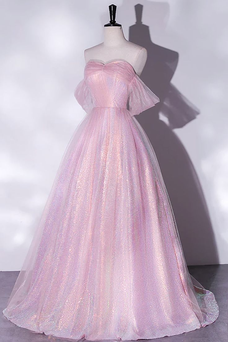 Shiny tulle sequins long pink prom dress A-line evening dress Formal Graduation Dress, Prom Dresses Off The Shoulder, Formal Dresses Graduation, Prom Dresses Long Pink, Pink Evening Dress, A Line Evening Dress, Pink Prom Dress, Pink Formal Dresses, Graduation Dresses