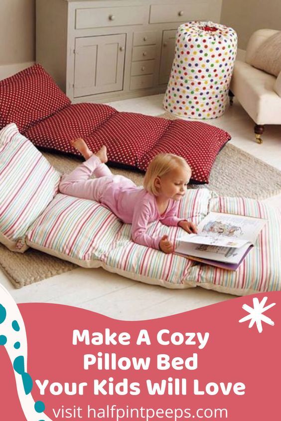 How to Make a Pillow Bed for Your Kids | Half Pint Peeps Sleepover Bed Ideas, Cozy Pillows Bed, Cushion Design Ideas, Couch Redo, Sleeping Mats For Kids, Door Arbor, Floor Pillows Diy, Kids Pillows Bed, Pillow Beds