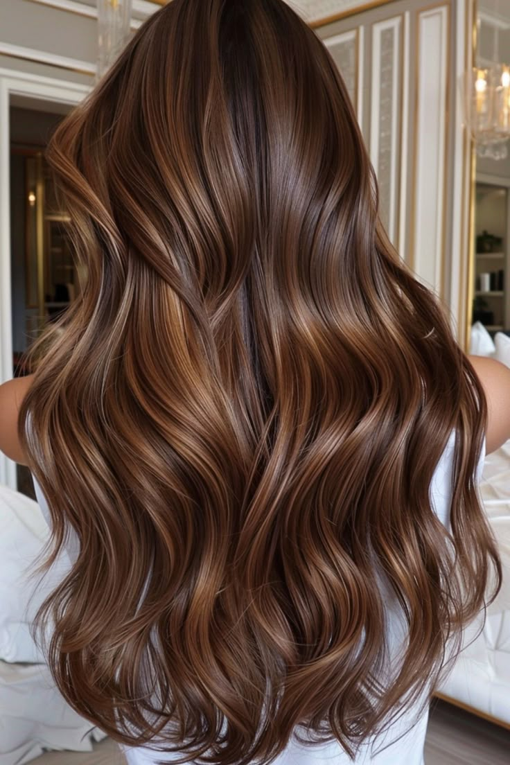 Wavy, long brown hair with subtle highlights, styled in loose waves. Cinnamon Balayage Hair, Cinnamon Brown Balayage, Brown Cinnamon Hair, Brown Cinnamon Hair Color, Different Brown Hair Colors, Cinnamon Hair Color, Cinnamon Balayage, Balayage Hair Ideas, Pumpkin Spice Hair