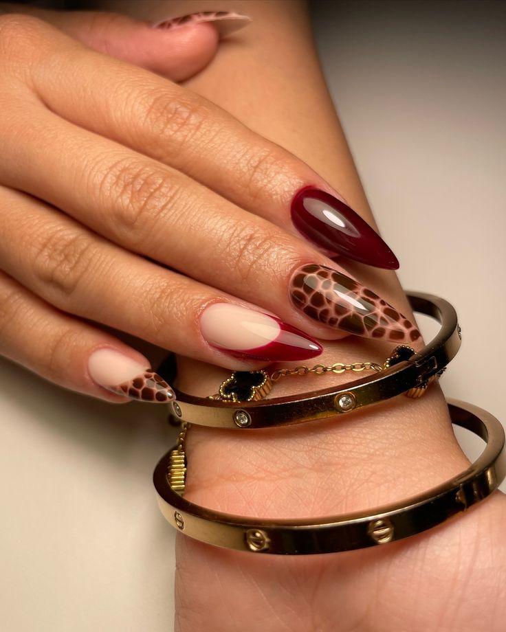 Leopard Print Nails Coffin, Autumn Red Nails Design, Maroon And Cheetah Nails, Maroon Leopard Nails, Burgundy Nails With Cheetah Print, Cheata Nails Red, Leopard Nails Fall, Dark Red Leopard Print Nails, Maroon Cheetah Nails