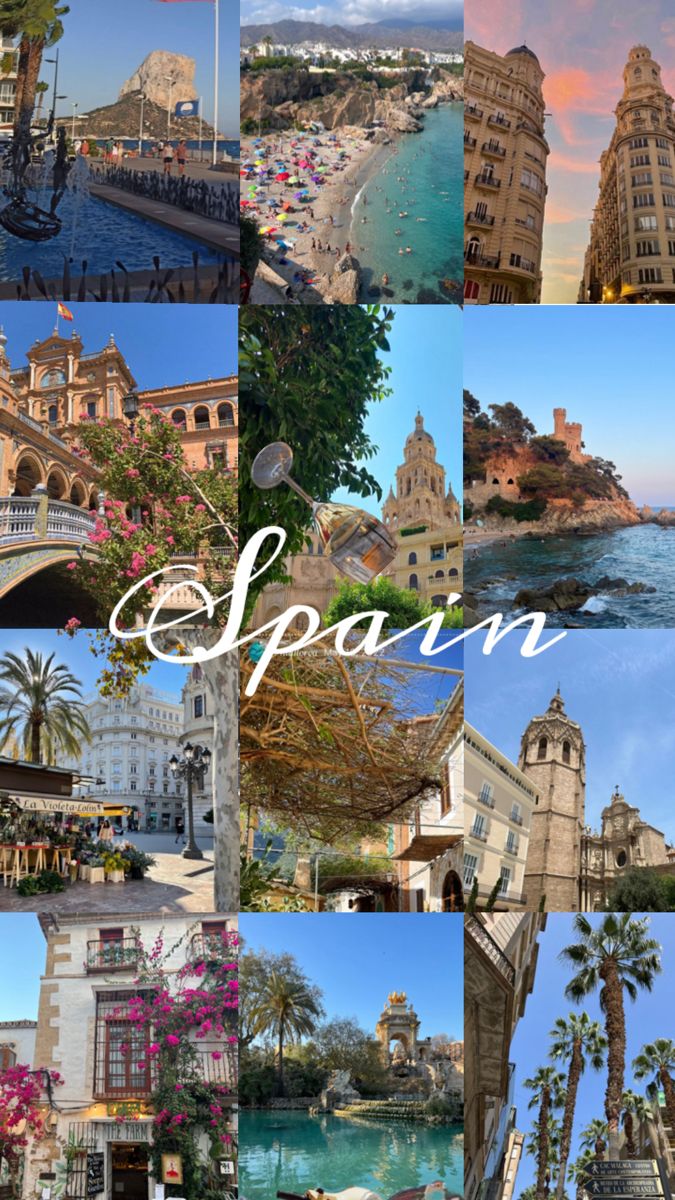 the collage shows many different buildings in spain and there are palm trees on each side