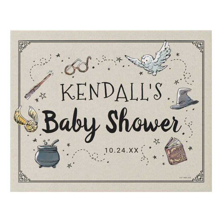 a sign that says kendall's baby shower with pictures of items on it