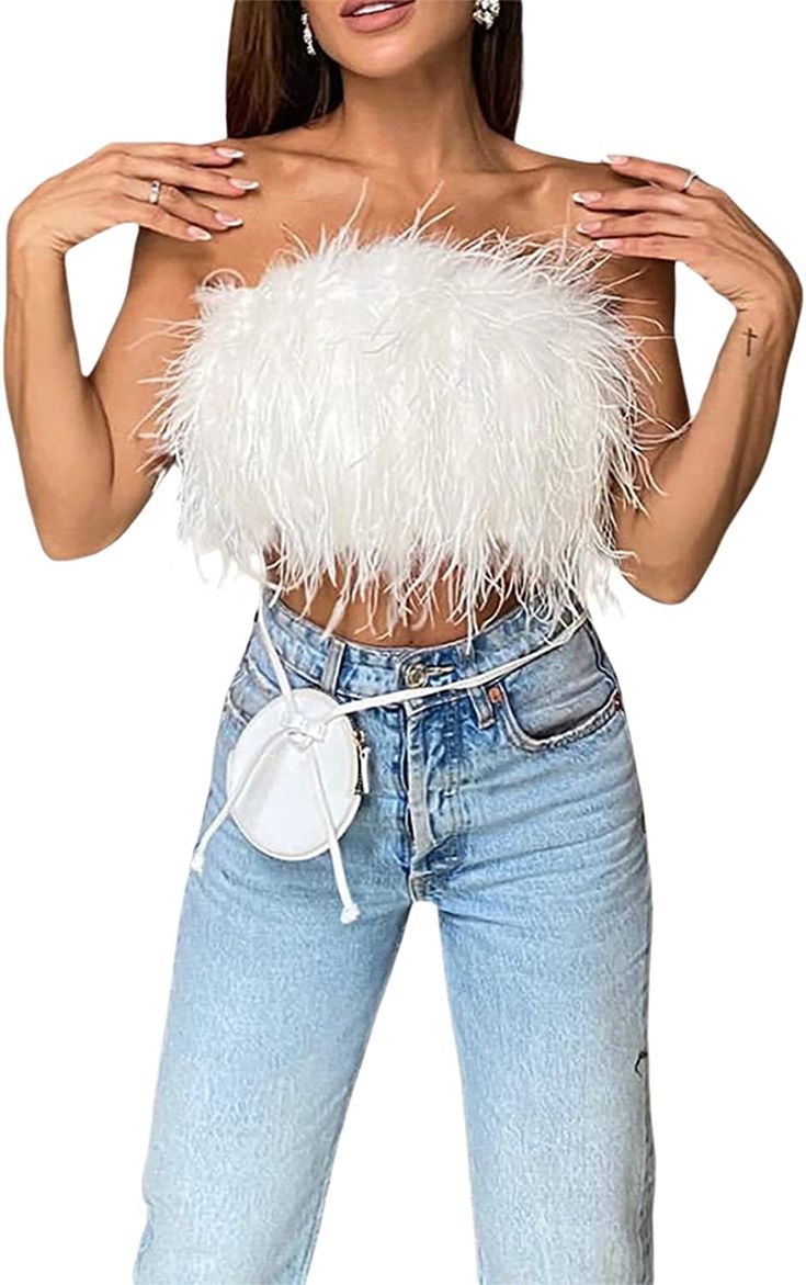 Feather Fashion, Party Tank Top, Feather Tops, Bandeau Crop Top, Strapless Crop Top, Sleeveless Outfit, Streetwear Tops, Strapless Tops, Casual Tank Tops