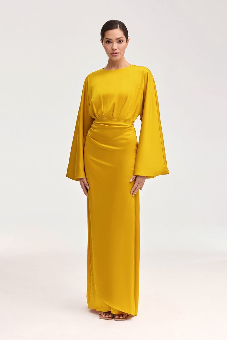 Cedra Satin Wrap Maxi Dress - Honey Clothing Veiled White Dress Formal, Dresses Flowy, Nikkah Dress, Yellow Long Sleeve, Wrap Maxi Dress, Flare Sleeves, Column Dress, Engagement Dresses, Full Length Dress