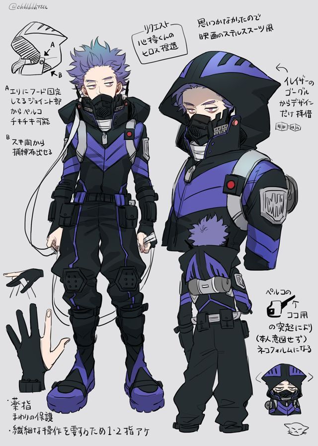 an anime character with purple hair and blue eyes standing next to another character wearing black