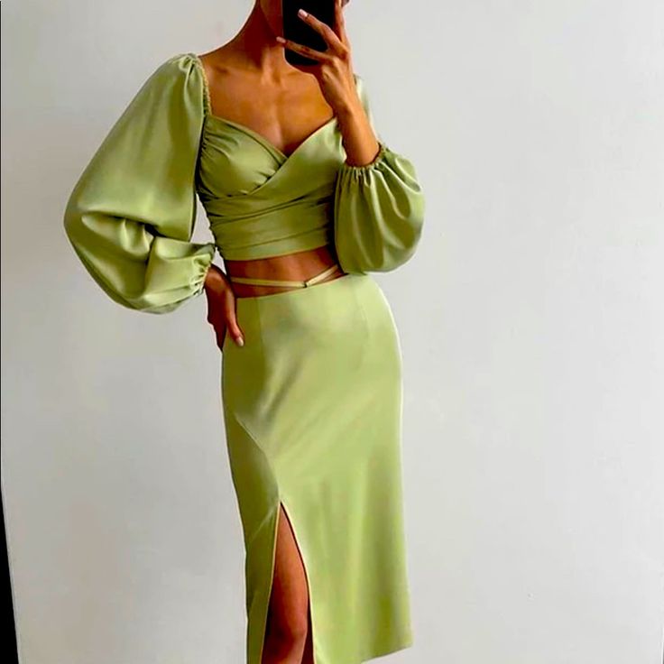 Beautiful Sexy Satin 2 Piece Lantern Sleeves Skirt Set Is True To Size And Available In 2 Colors. Long Skirt And Top Set, Green Skirt Set, Satin Two Piece Set, Lantern Sleeve Shirt, Long Skirt And Top, Puff Sleeve Crop Top, Skirt And Top Set, Skirt And Top, Ruched Skirt