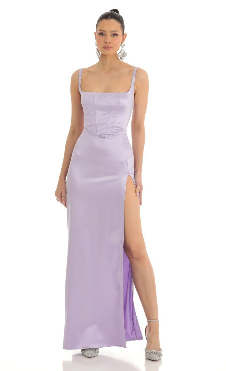 Satin Rhinestone Maxi Dress in Lilac | LUCY IN THE SKY Light Purple Dress Formal, Lilac Dress Prom, Purple Satin Prom Dress, Purple Dress Formal, Pastel Purple Dress, Rhinestone Maxi Dress, Lilac Prom Dresses, Purple Formal Dress, Lilac Bridesmaid