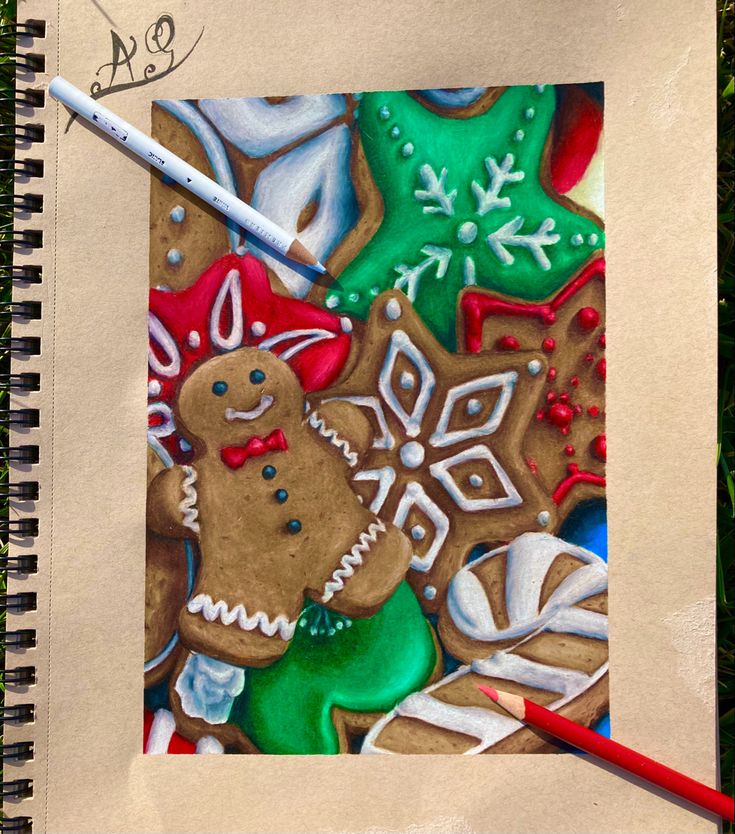 art Winter Drawings Colored Pencil, Christmas Cookies Painting, Christmas Drawings Realistic, Christmas Cookie Drawing, Prismacolour References, Christmas Colored Pencil Drawings, Christmas Drawing References, Christmas Drawings Art Sketch, Christmas Cookies Drawing