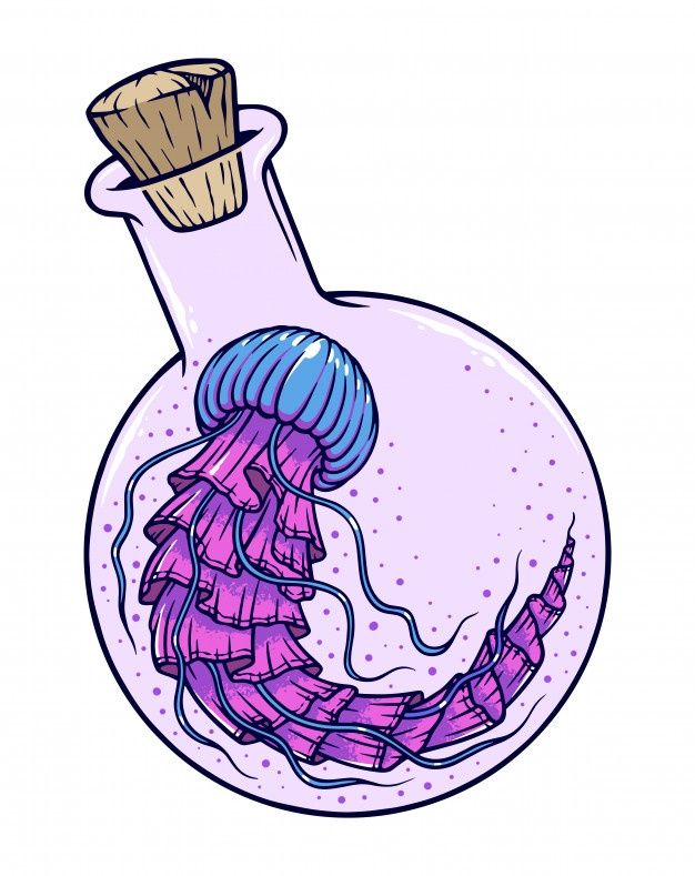 a pink and blue jelly in a glass flask with water on the bottom, hand drawn