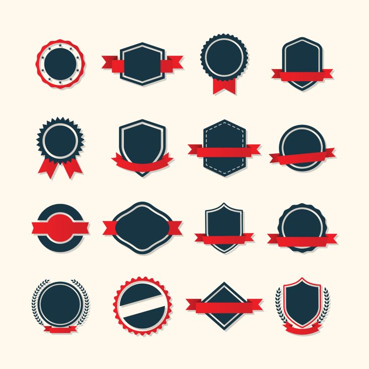 a collection of badges and ribbons in red, white and blue colors on a light background