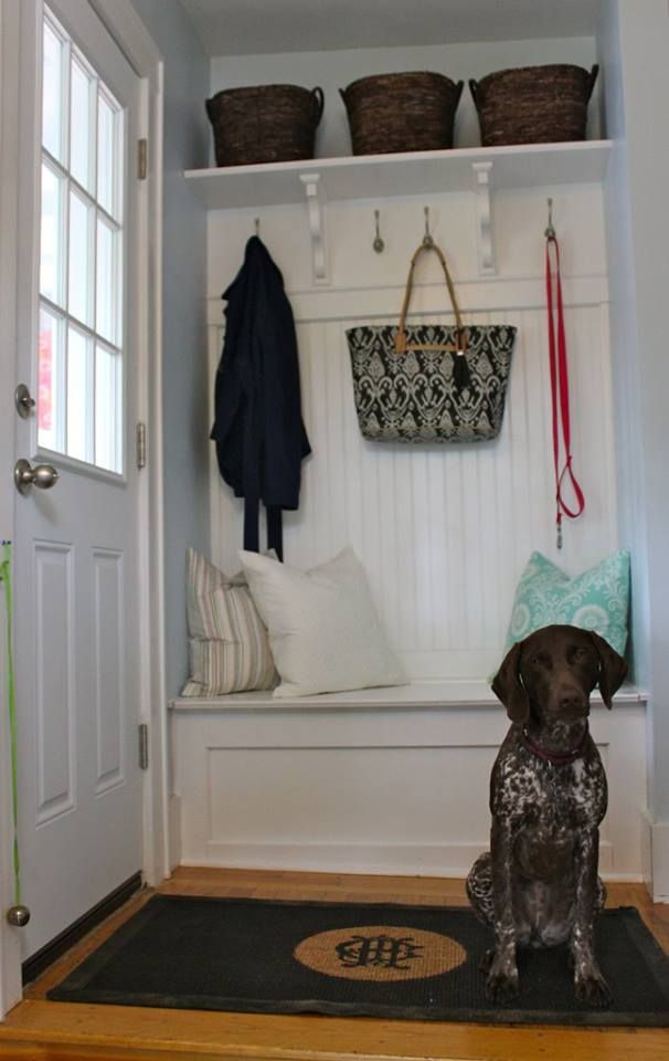 a dog is sitting in the entryway next to some baskets and coat racks