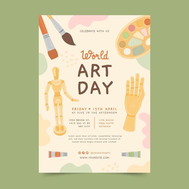 the world art day poster is shown with an image of a robot and paintbrush