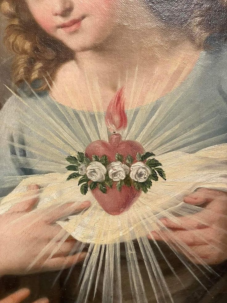 a painting of a woman holding a heart with flowers on it's chest and hands