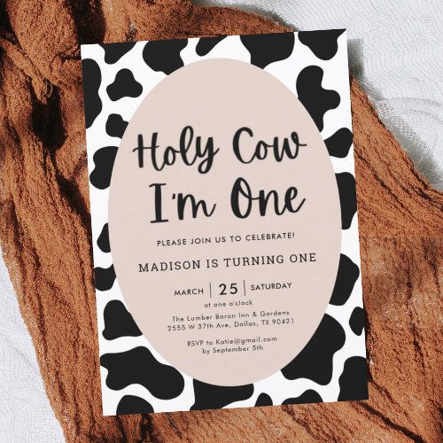 Holy Cow Im One Cow Print 1St Birthday Invitation #zazzle #weddinginvitations #birthdayinvitations #babyshowerinvitations #zazzleinvitations #monogram #businesscards #graduation #homedecor Holey Cow Im One Birthday, Cow Print Party Invitations, Wholly Cow Im One, Holly Cow I’m One Party, Cow Birthday Party Invitations, Cow Print Birthday Invitations, Holly Cow I’m One, One Year Old Cow Birthday Party, Cow One Year Birthday