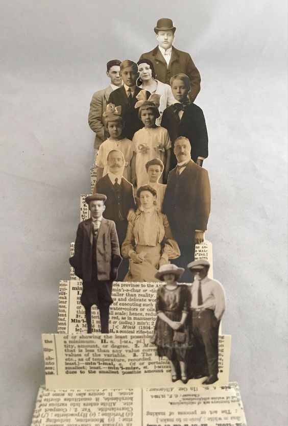 an altered photograph of people standing on top of books