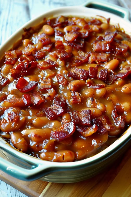 baked beans and bacon in a green casserole dish on a wooden cutting board