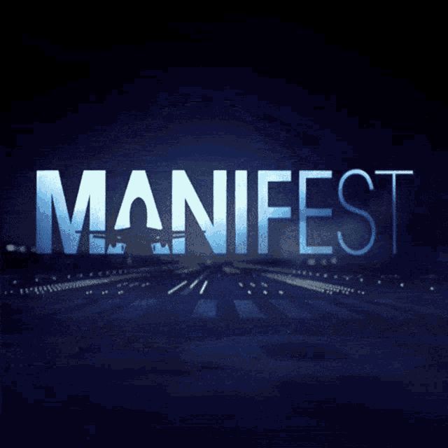 the words manfest are lit up at night in front of an airport runway with lights