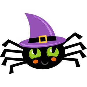 a black spider with a purple hat on it's head, and green eyes