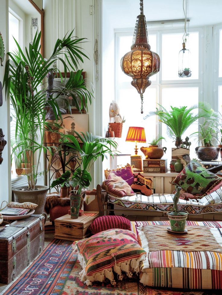 a living room filled with lots of furniture and potted plants on top of them