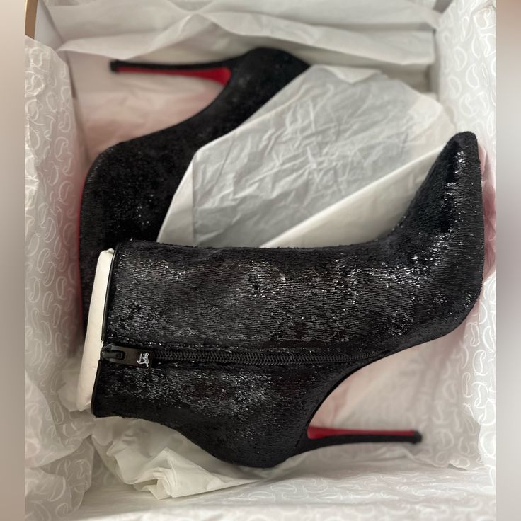 Brand New, Never Worn Christian Louboutin Kate 100mm Booties. Comes With Original Box And Dust Bag. Luxury Heeled Boots With 4-inch Heel For Party, Luxury Heeled Boots With Sculpted Heel For Party, Black Heeled Boots With Red Sole For Evening, Luxury 4-inch Heeled Boots For Parties, Luxury Heeled Boots With Red Sole For Party, Luxury Party Heeled Boots With Red Sole, Luxury Party Boots With Red Sole, Party Ankle Boot Heels With Red Sole, Luxury Boots With 4-inch Heel For Evening