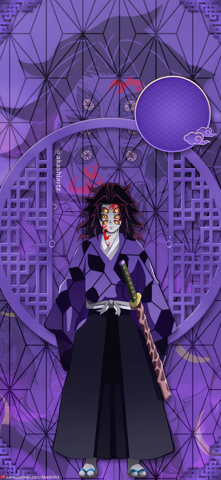 an anime character holding a baseball bat in front of a purple and black background with geometric shapes